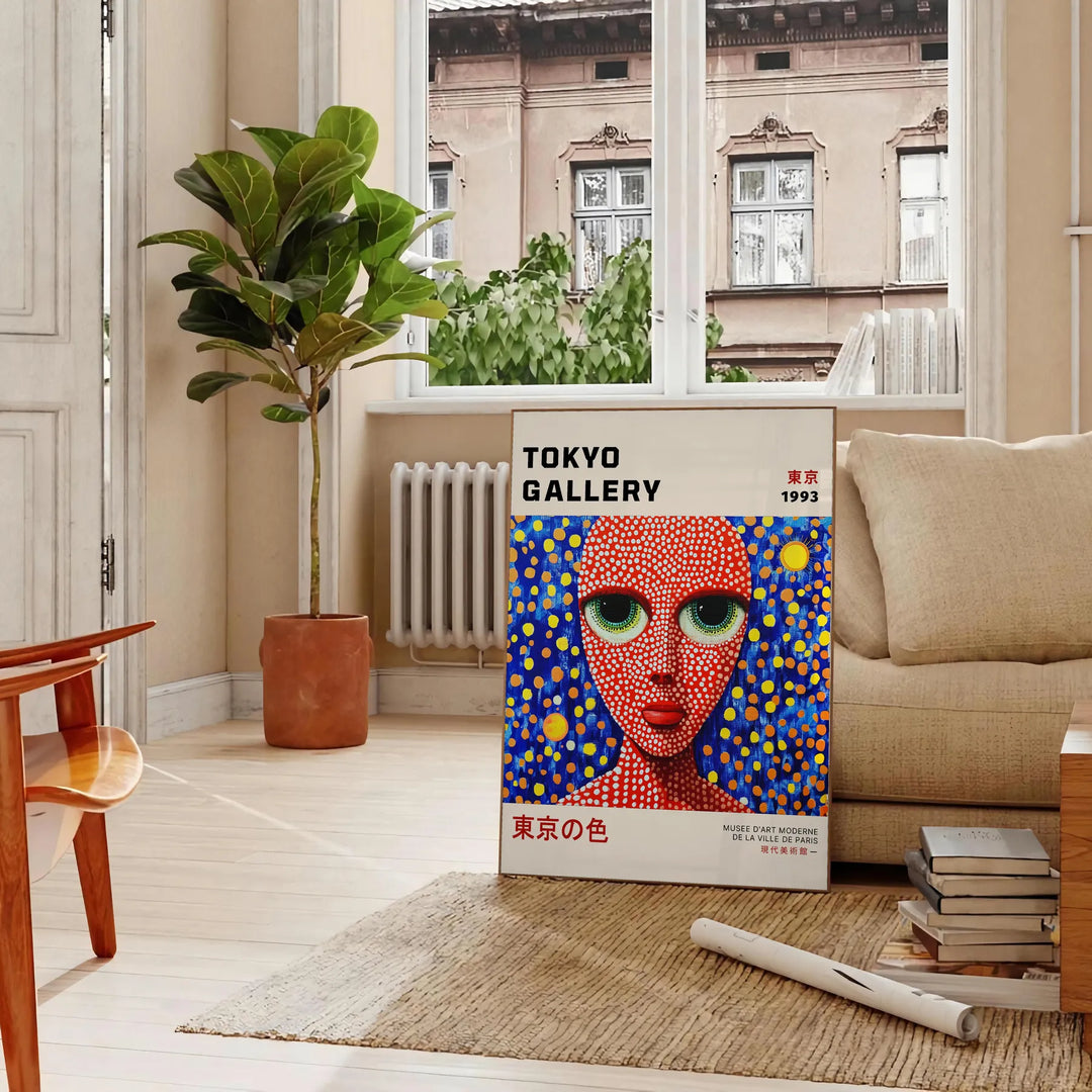 Stylized woman with polka dots in red and blue by Yayoi Kusama