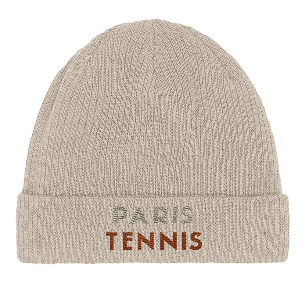 Embroidered beanie featuring a tennis design inspired by Paris
