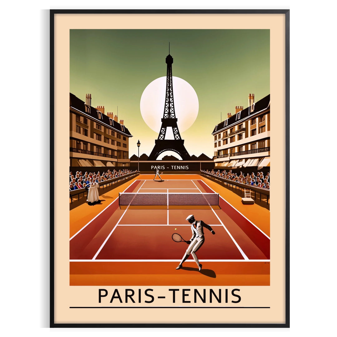 Stylized tennis player in red and black with the Eiffel Tower in the background