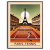 Stylized tennis player in red and black with the Eiffel Tower in the background