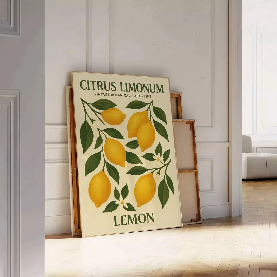 Citrus limonum botanical poster in vintage style with green and gray