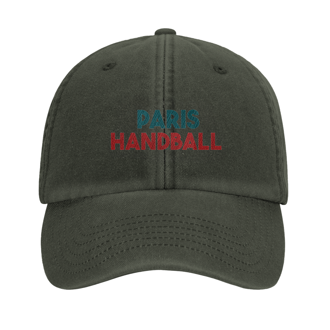Embroidered cap featuring a vintage Paris Handball logo design