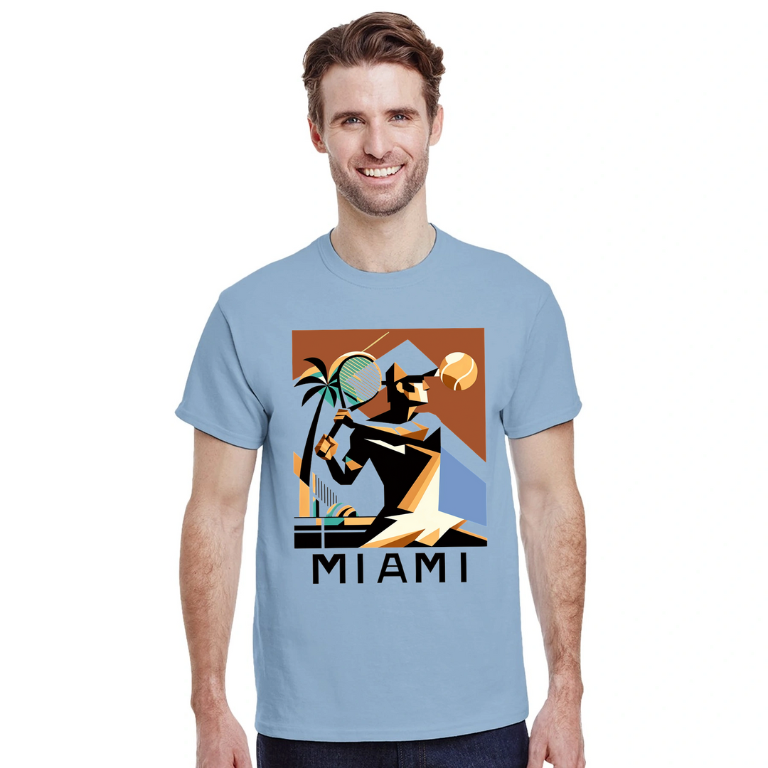 T-shirt featuring a tennis player in action against a Miami skyline