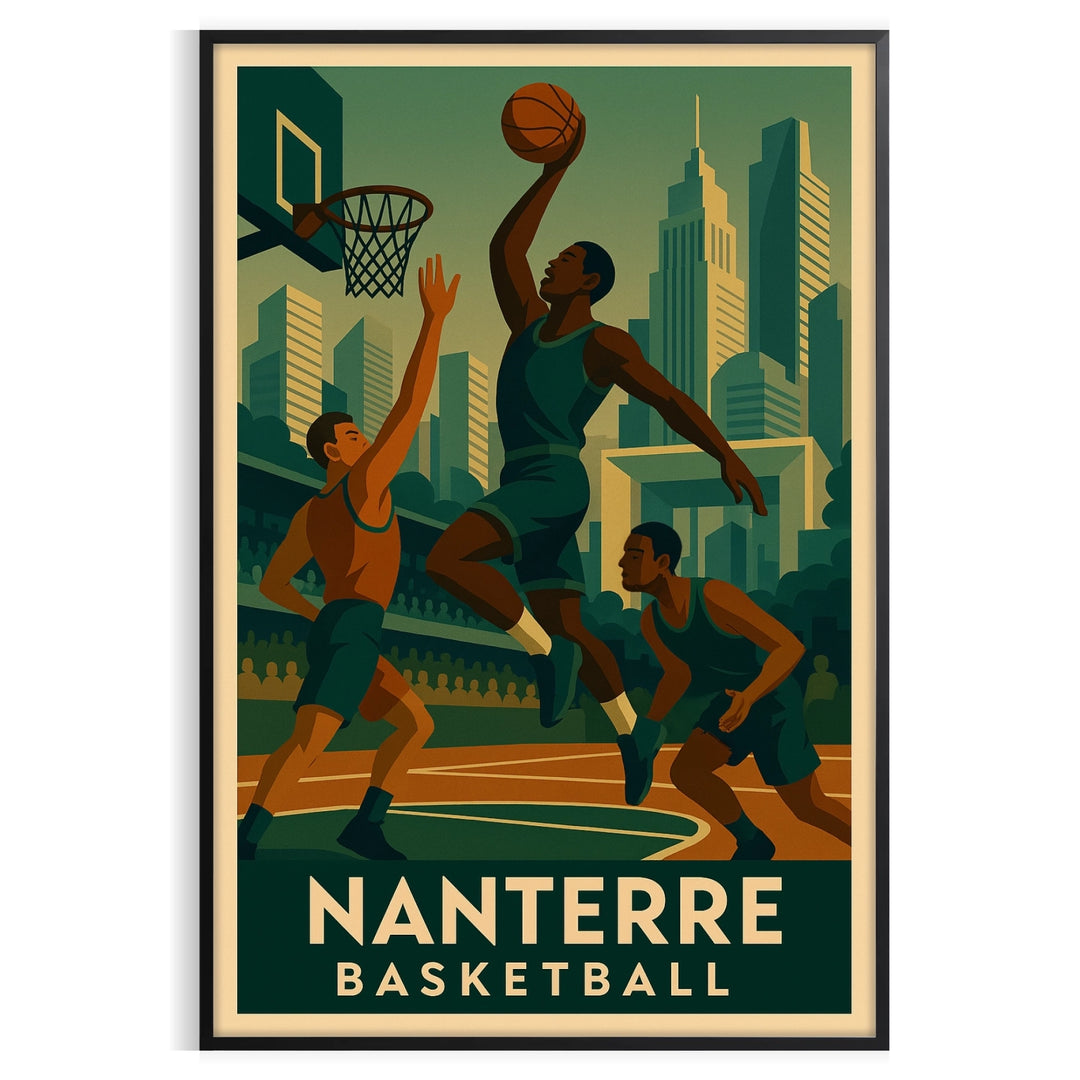Nanterre basketball poster, vintage Art Deco style with bold graphic design