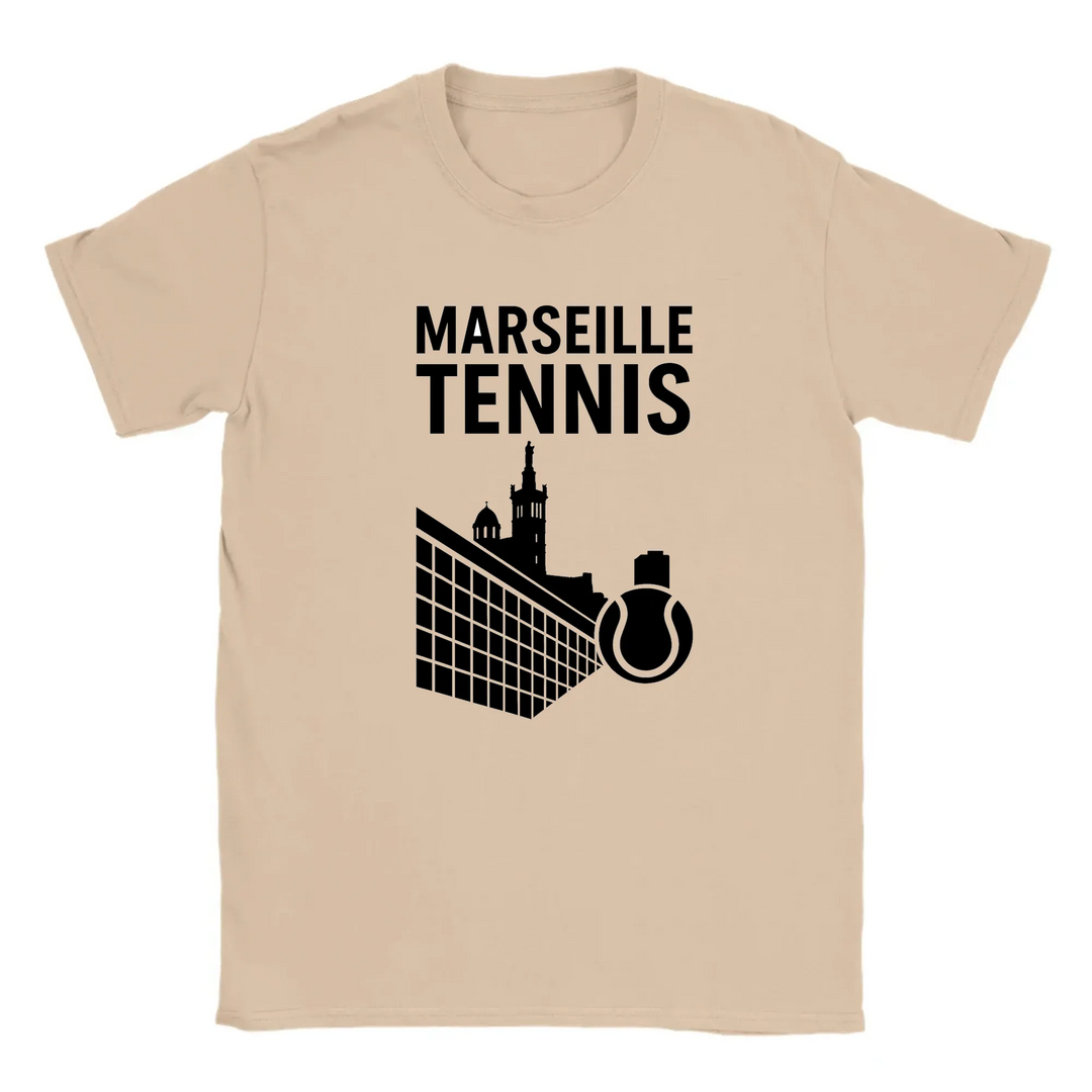 T-shirt featuring a graphic of tennis players in action with Marseille text