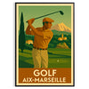 Vintage illustration of a golf course in Aix-Marseille with green hills and blue sky