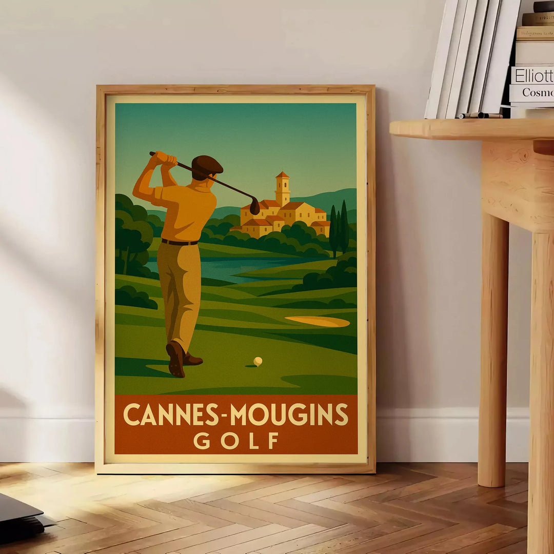Art Deco poster featuring a golf scene in Cannes Mougins with yellow and gray tones