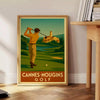 Art Deco poster featuring a golf scene in Cannes Mougins with yellow and gray tones