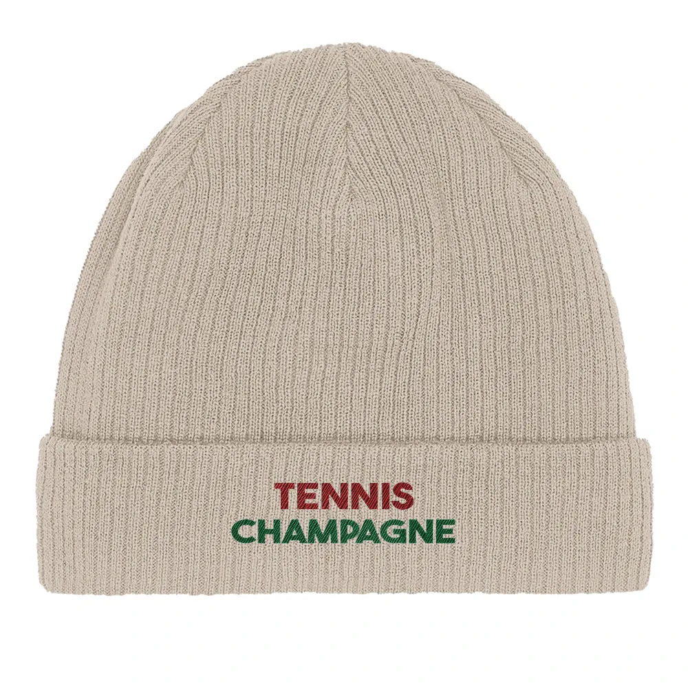 Embroidered beanie featuring a small tennis motif on a cotton fabric