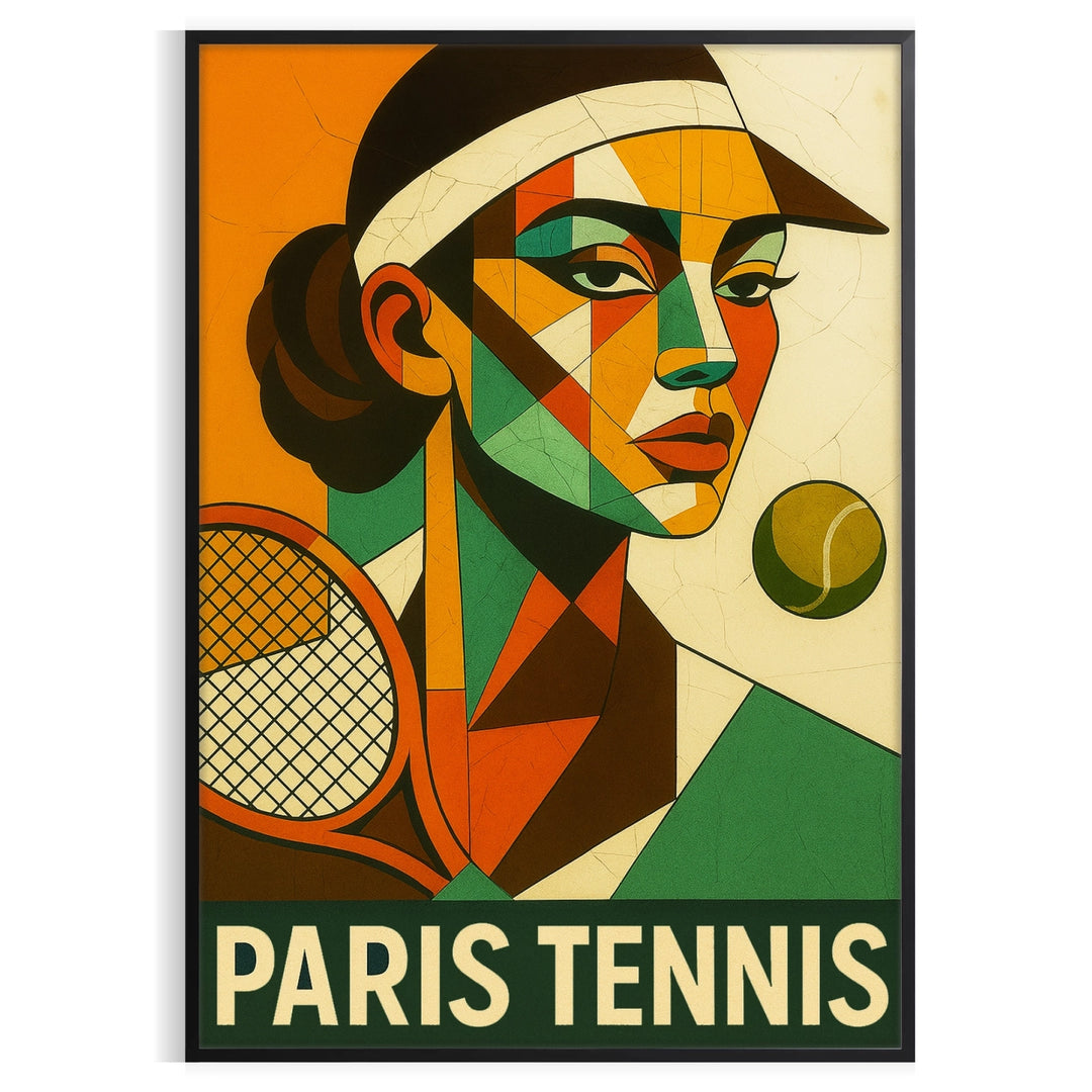 Cubist depiction of tennis players in green and orange geometric shapes