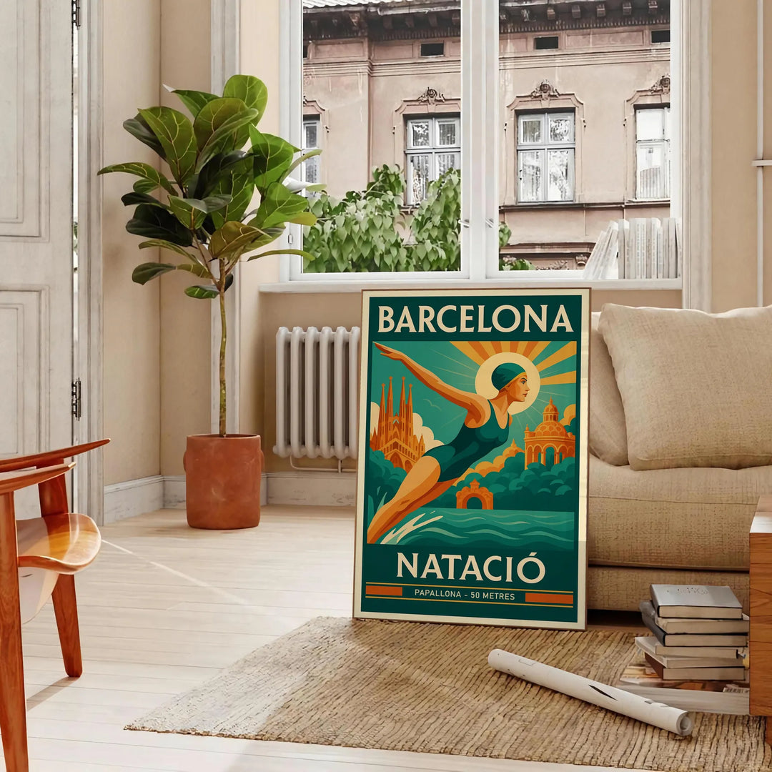 Swimmer diving in front of the Barcelona skyline, featuring yellow and green tones