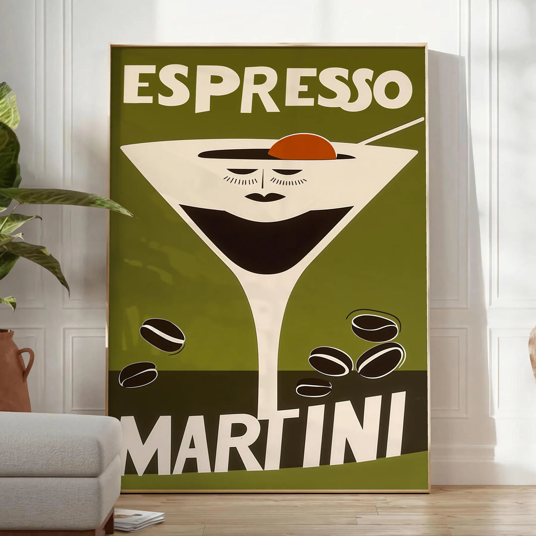 Illustrazione di un cocktail Espresso Martini in colori arancione e verde