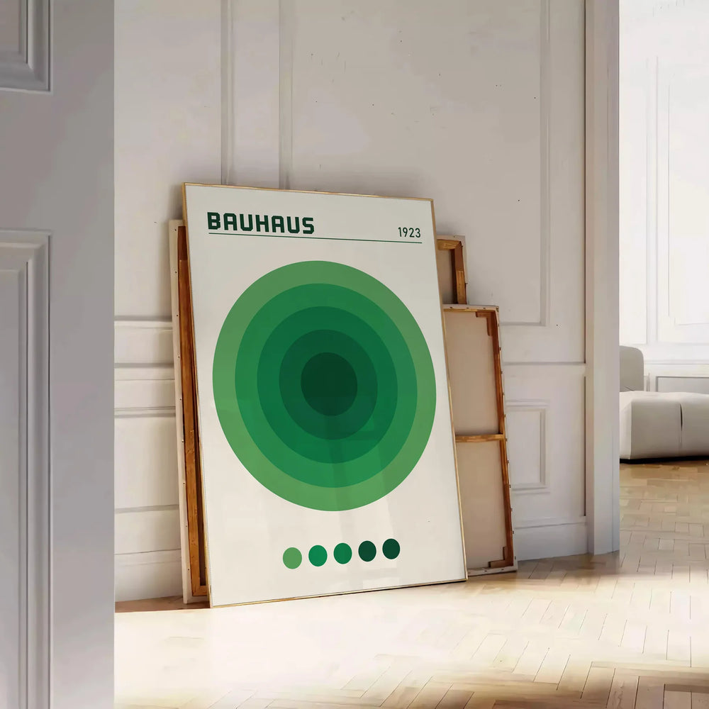 Minimalist poster with a green circle on a white and blue background