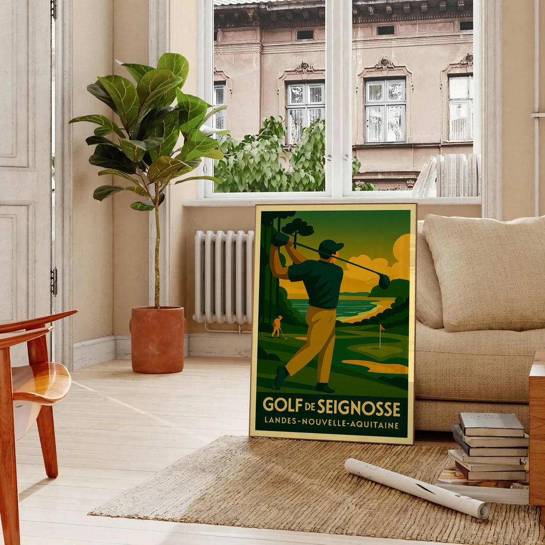 Poster de golf Seignosse estilo vintage art déco amarelo e cinza