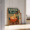 Illustrated Japanese ramen kitchen poster in earthy green and brown tones