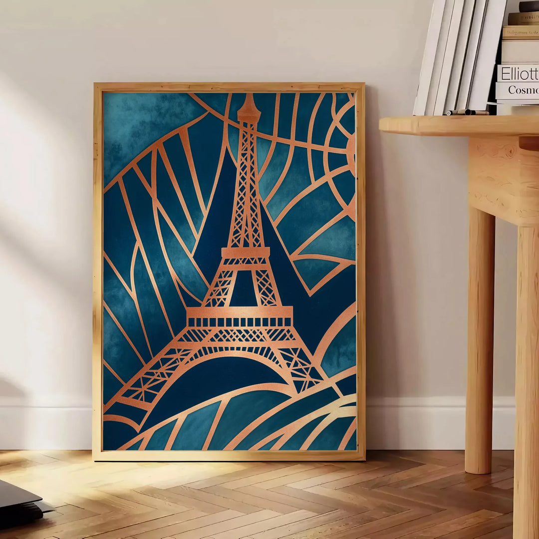 Art Deco poster featuring the Paris skyline in green and gray geometric patterns