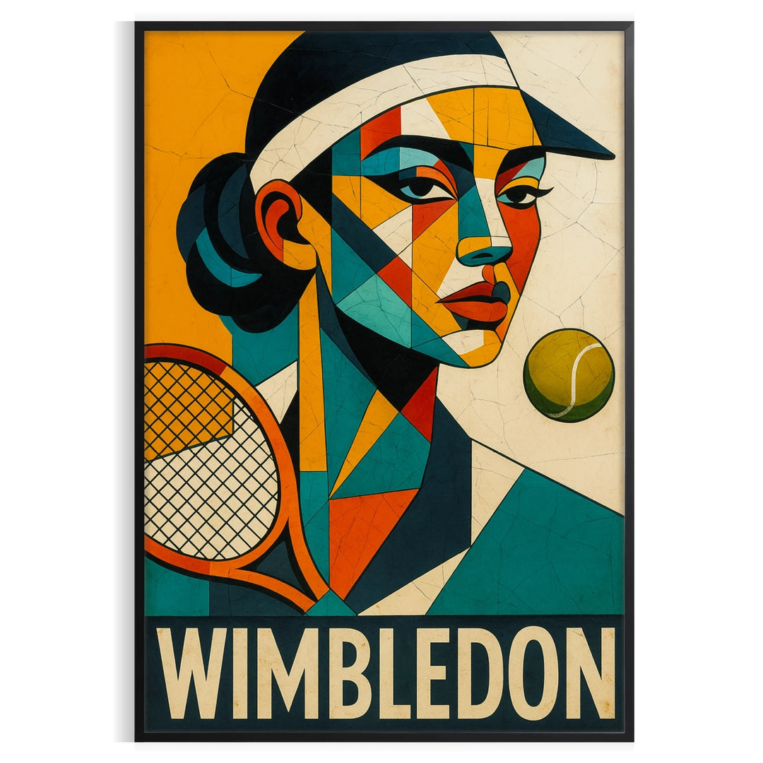 Wimbledon cubist tennis poster showing red and green geometric racket action