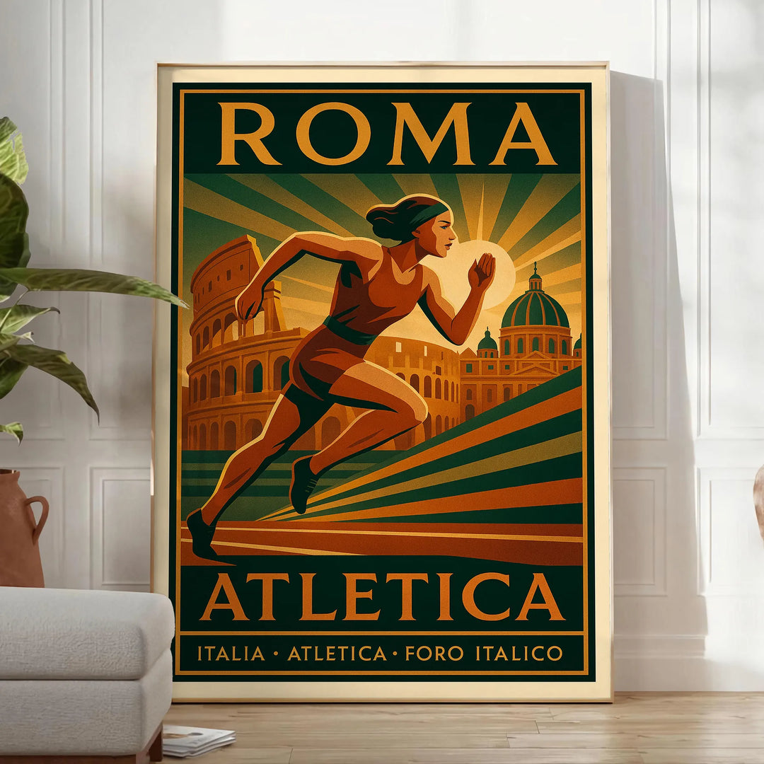 Athletic woman in vintage style with Rome skyline, yellow and brown tones
