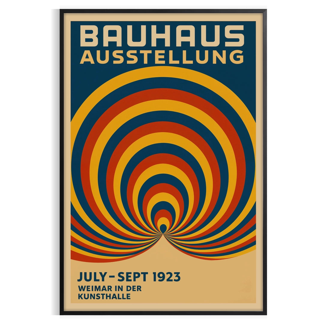 Poster showing a Bauhaus circular abstract design in blue and red