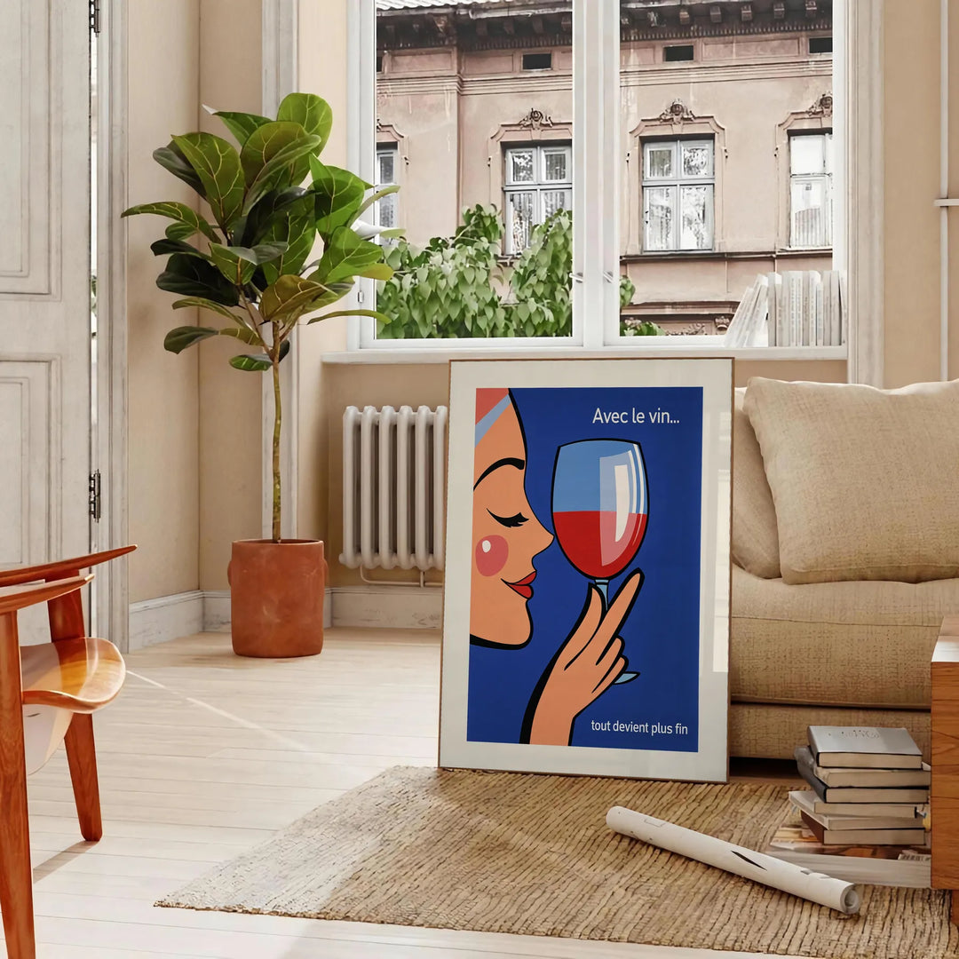 Vintage cocktail poster showing wine glass illustration in orange and red