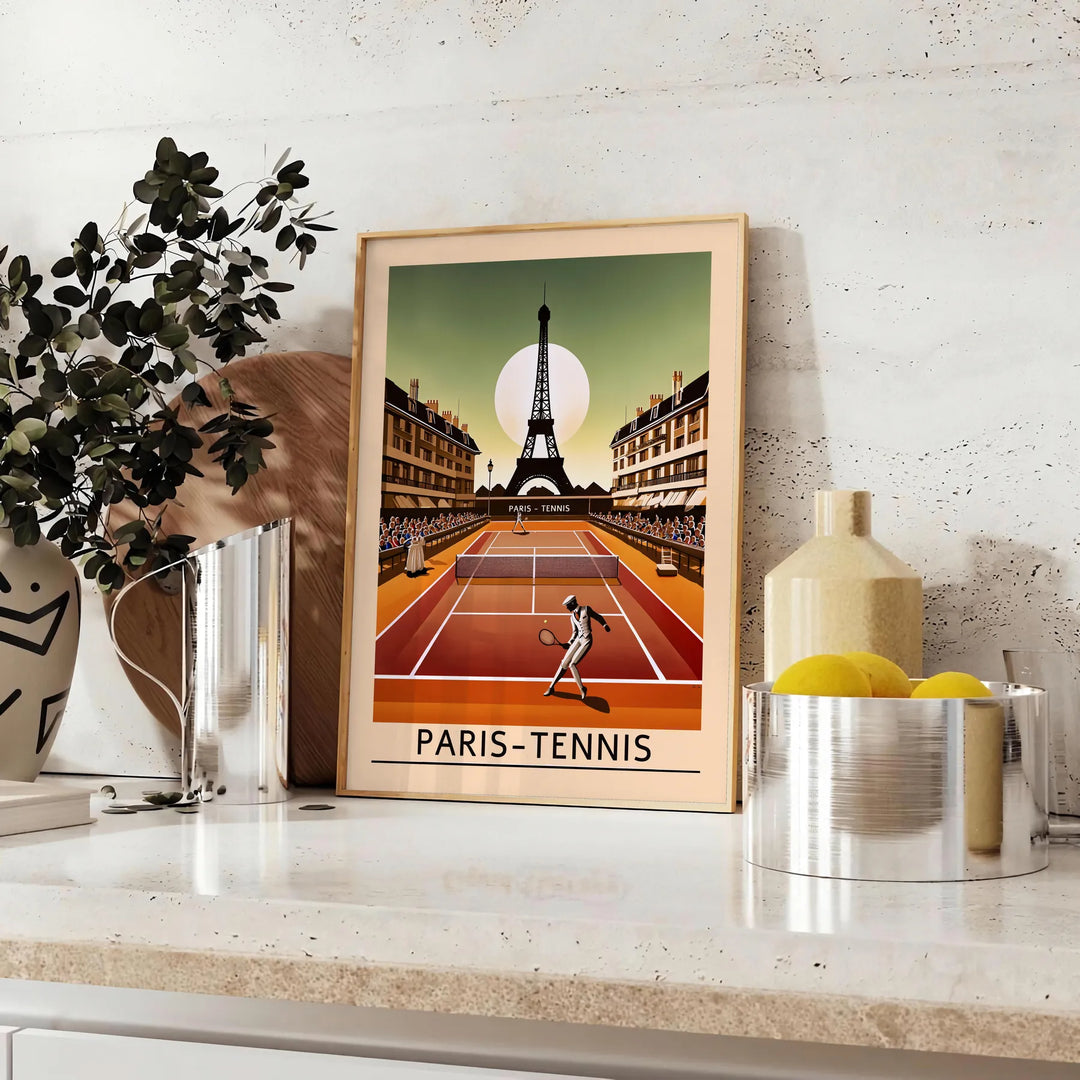 Stylized tennis player in red and black with the Eiffel Tower in the background