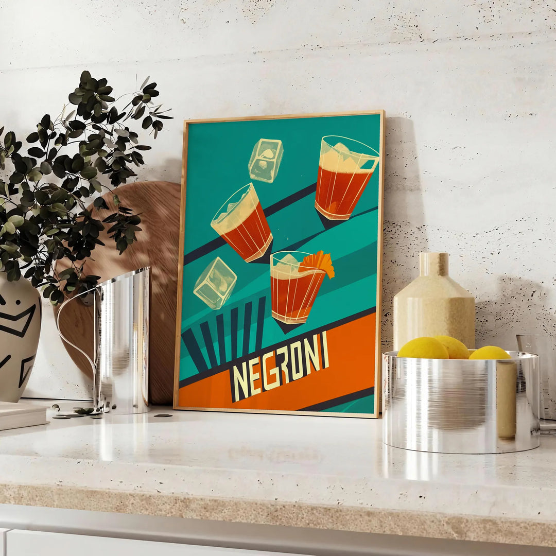 Minimalist Negroni cocktail poster with abstract orange and green geometric shapes