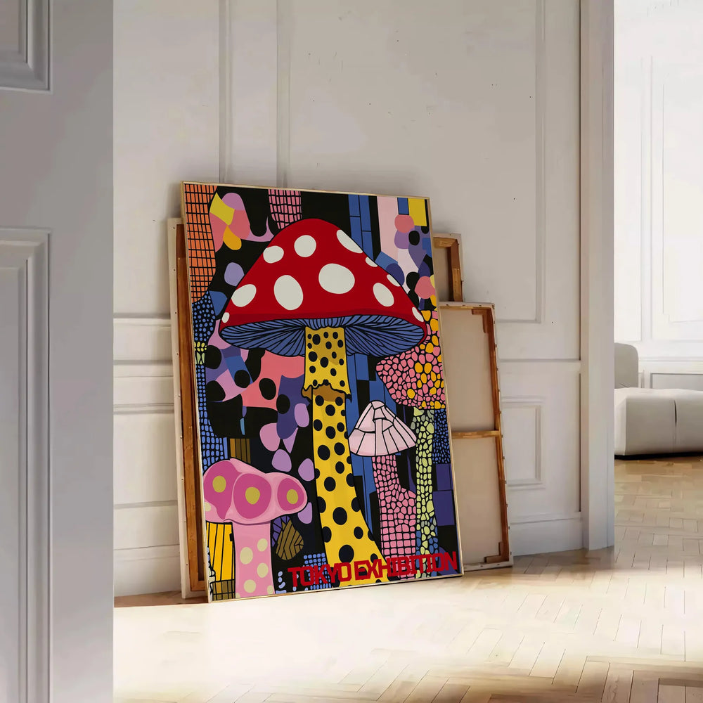 Colorful mushroom with polka dots by Yayoi Kusama, featuring green and black hues