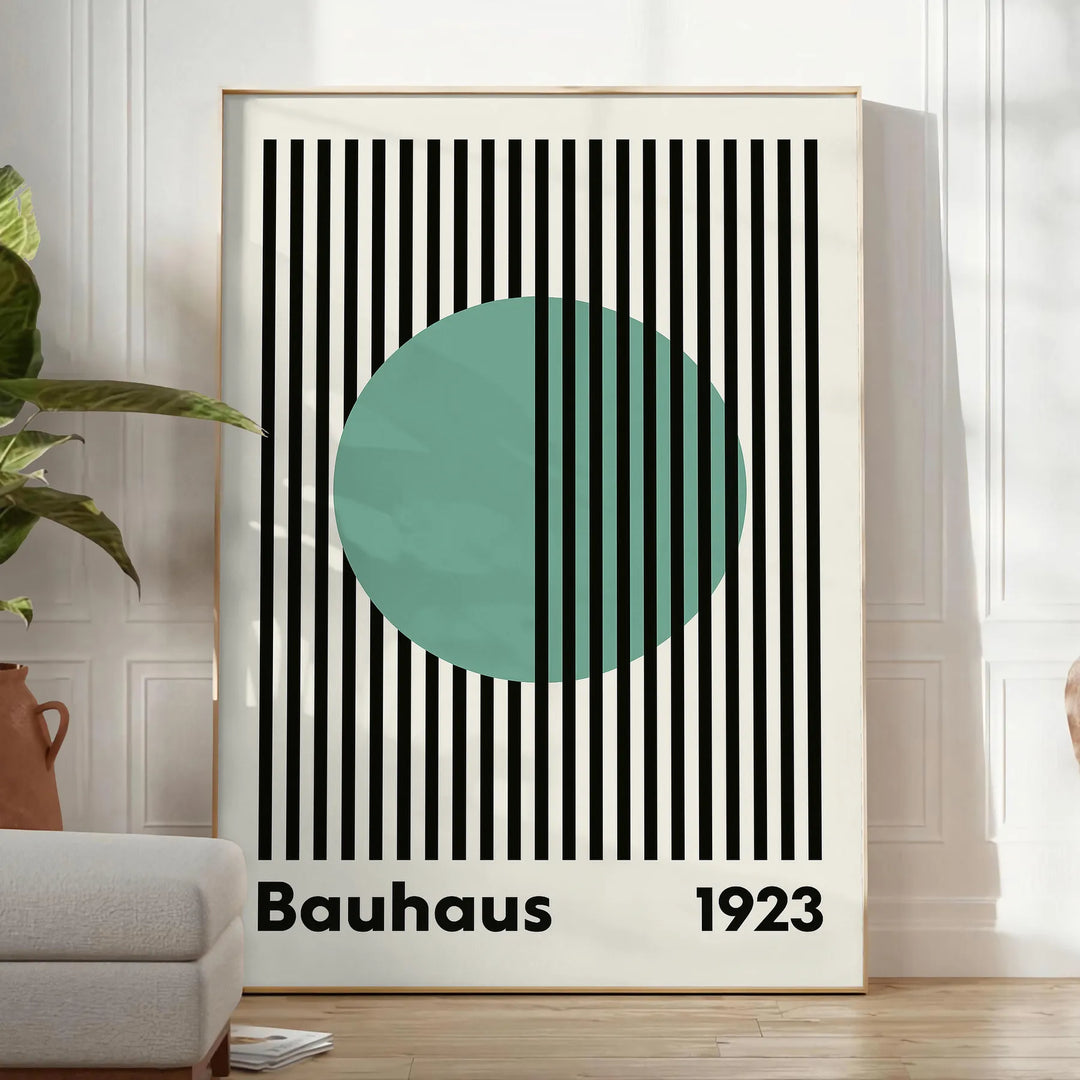 Bauhaus poster with green linear circle, blue and gray geometric minimalism