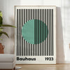 Bauhaus poster with green linear circle, blue and gray geometric minimalism