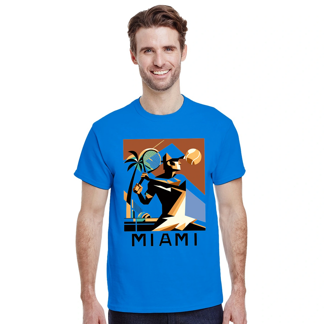 T-shirt featuring a tennis player in action against a Miami skyline