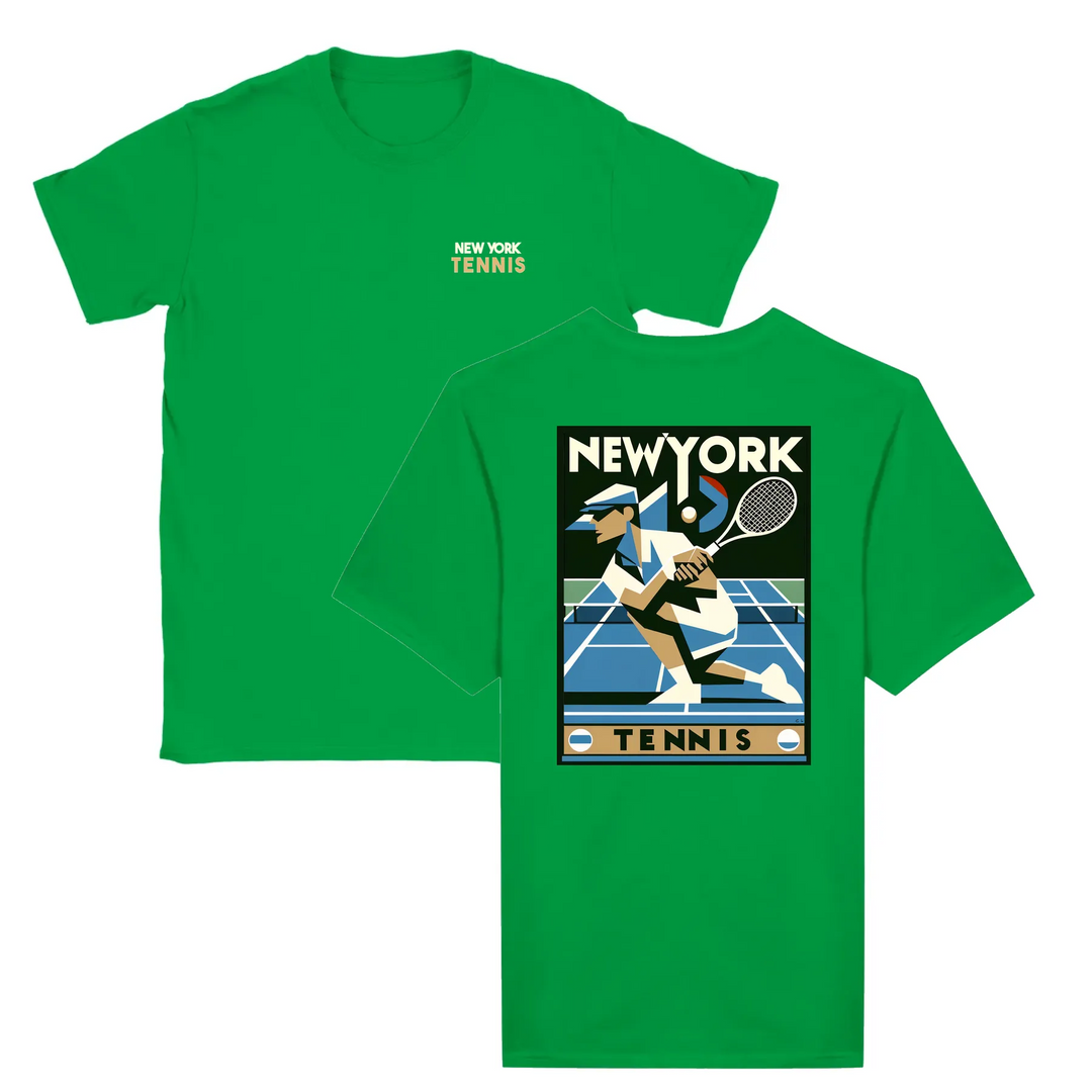 T-shirt featuring a graphic of a tennis player in New York