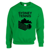 Unisex sweater featuring a graphic print of tennis elements and Sydney landmarks