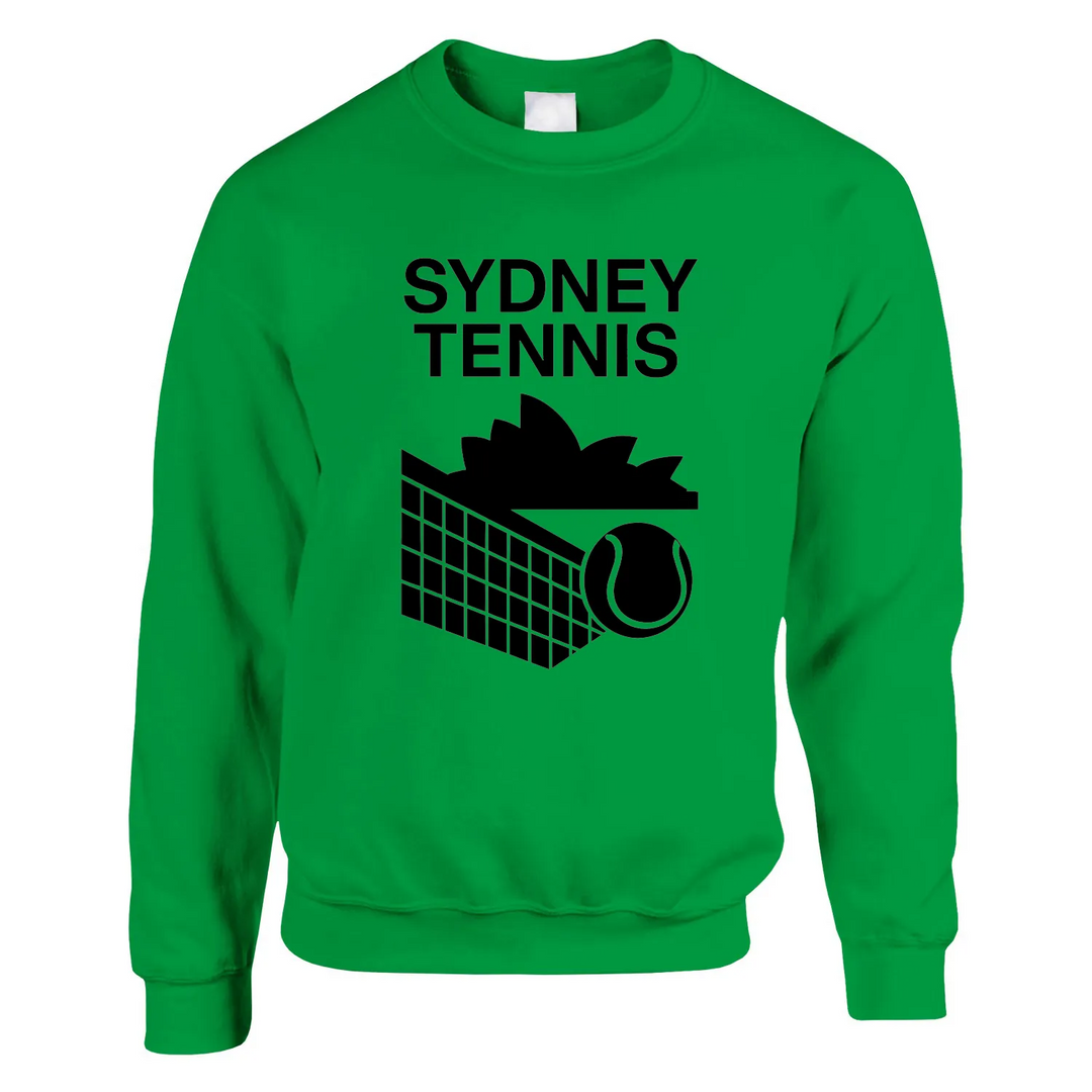 Unisex sweater featuring a graphic print of tennis elements and Sydney landmarks