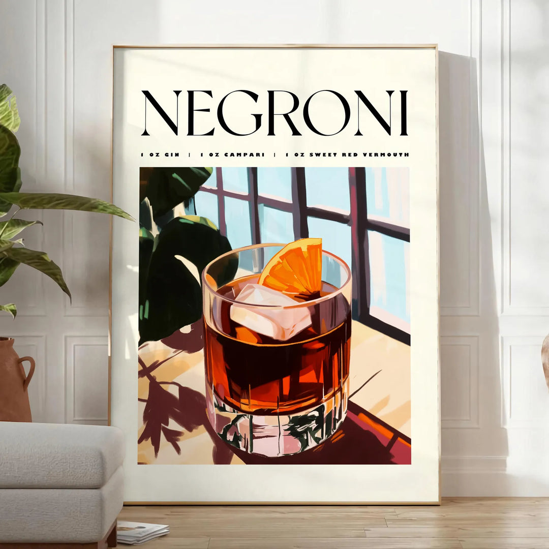 Stylized illustration of a Negroni cocktail in orange and white
