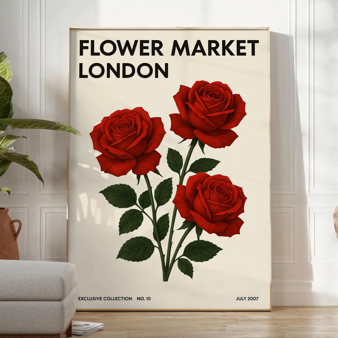 Illustrazione floreale nera e rossa di un mercato dei fiori a Londra
