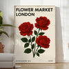 Illustrazione floreale nera e rossa di un mercato dei fiori a Londra