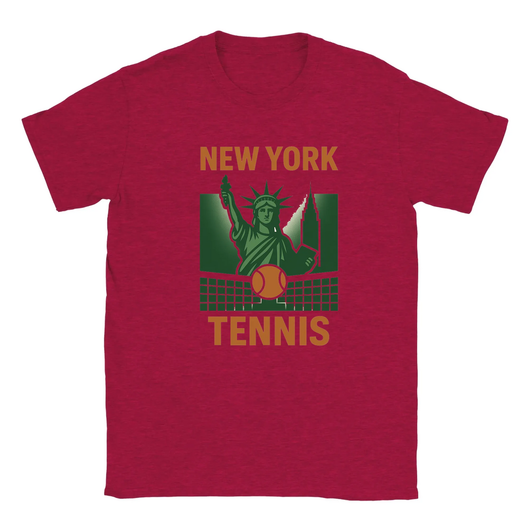 T-shirt featuring a graphic of tennis rackets and balls with New York text