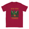 T-shirt featuring a graphic of tennis rackets and balls with New York text