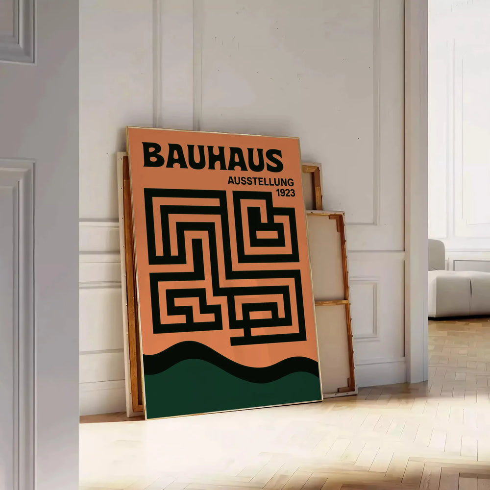 Bauhaus labyrinth poster with geometric maze design in green and gray