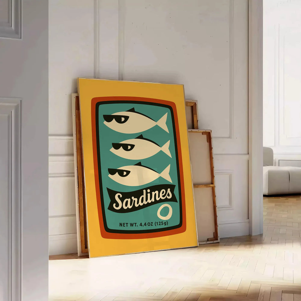 Illustration of sardines in a playful nautical style with blue and red tones