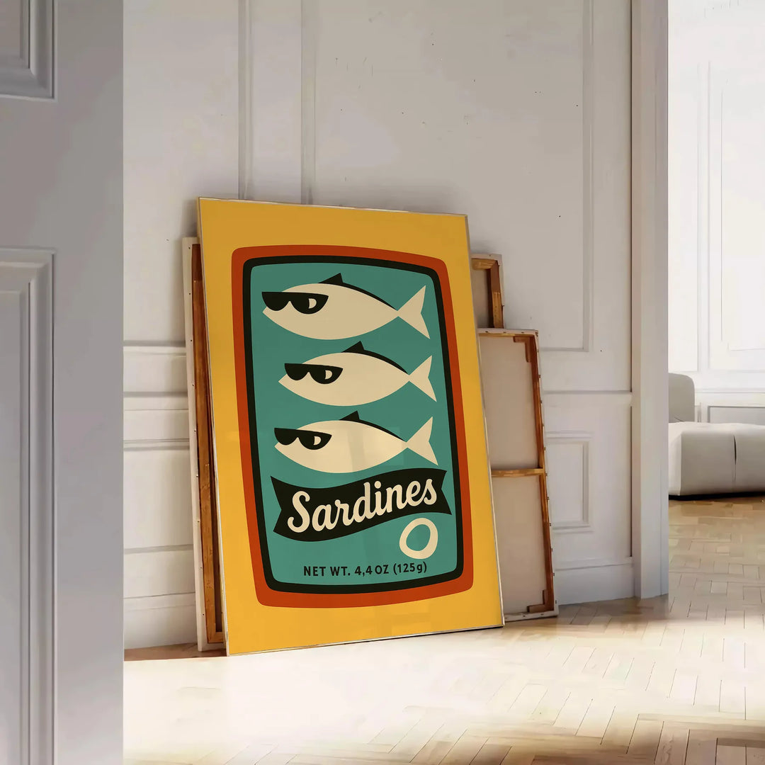 Ilustração de sardinhas em um estilo náutico divertido com tons de azul e vermelho