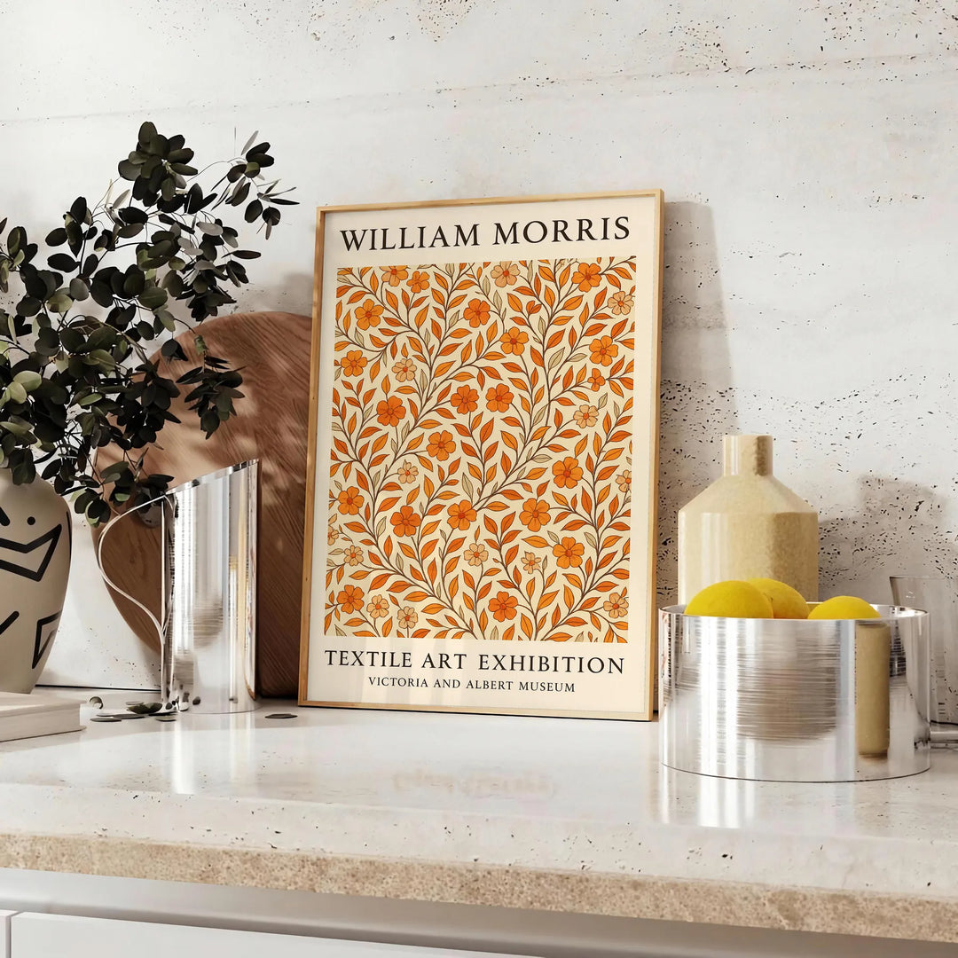 Intricate floral pattern in orange and brown by William Morris