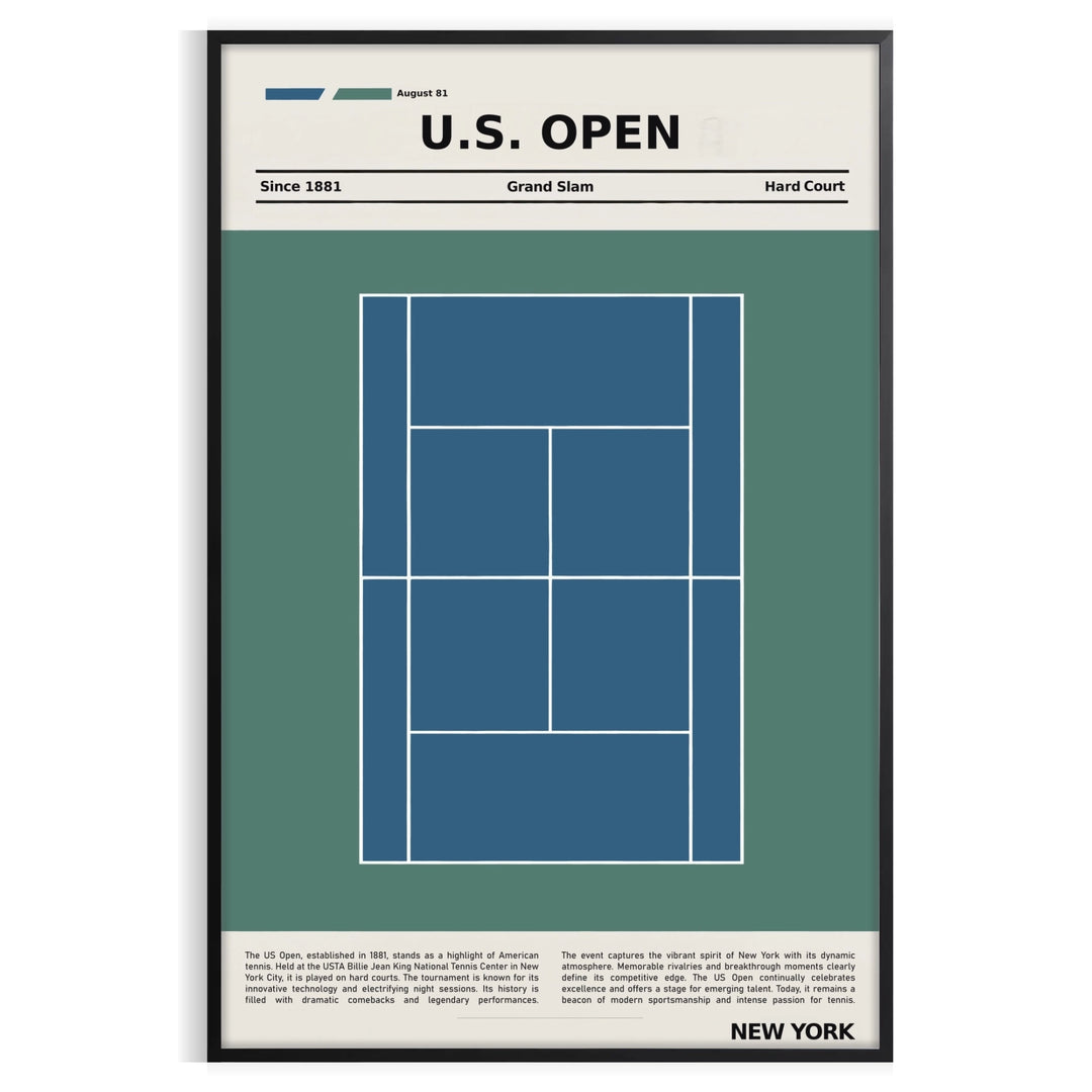White and gray minimalist poster featuring tennis racket and court graphic
