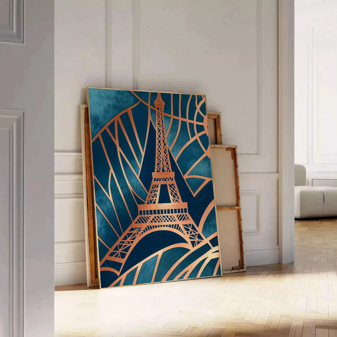 Art Deco poster featuring the Paris skyline in green and gray geometric patterns