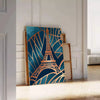 Art Deco poster featuring the Paris skyline in green and gray geometric patterns