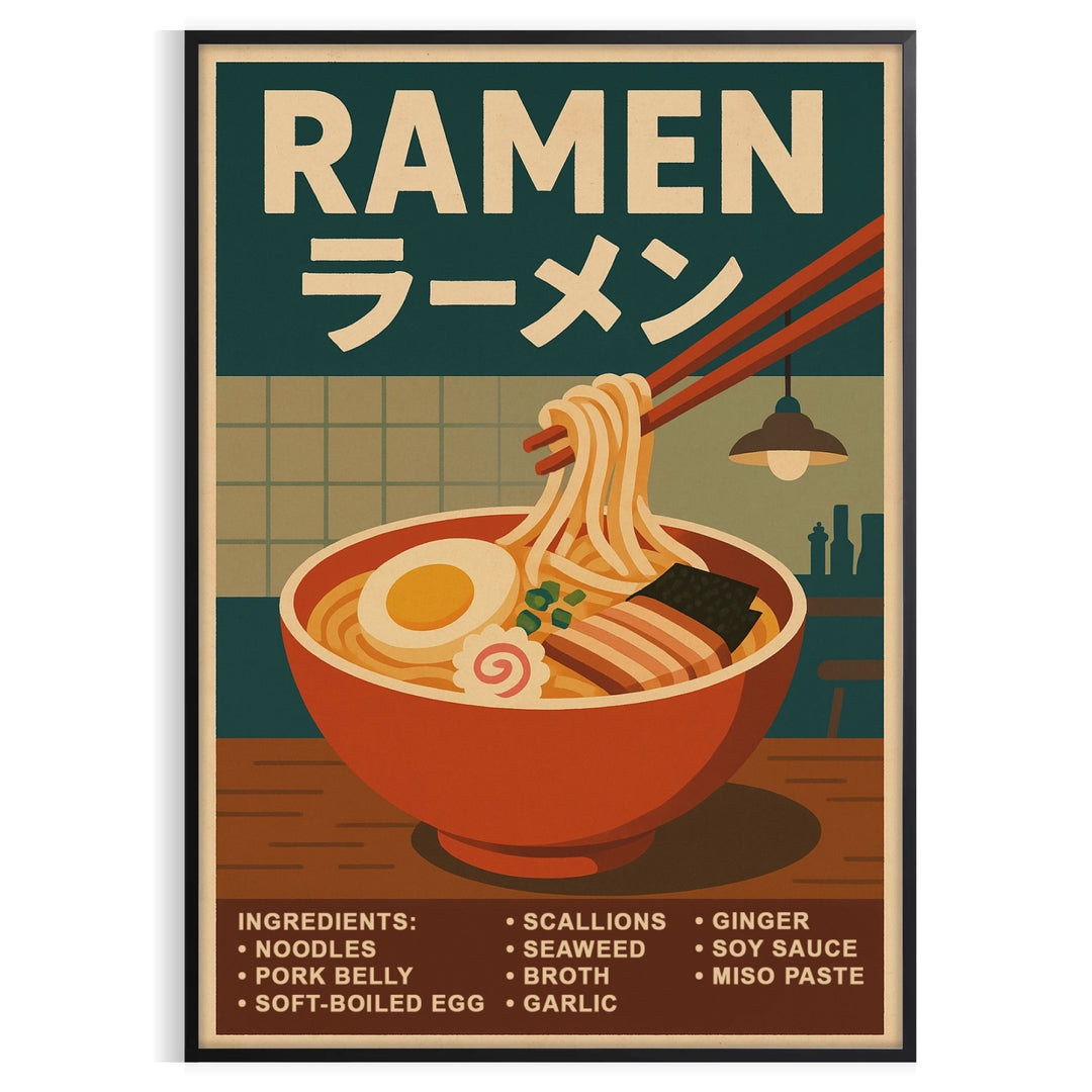 Illustrated Japanese ramen kitchen poster in earthy green and brown tones