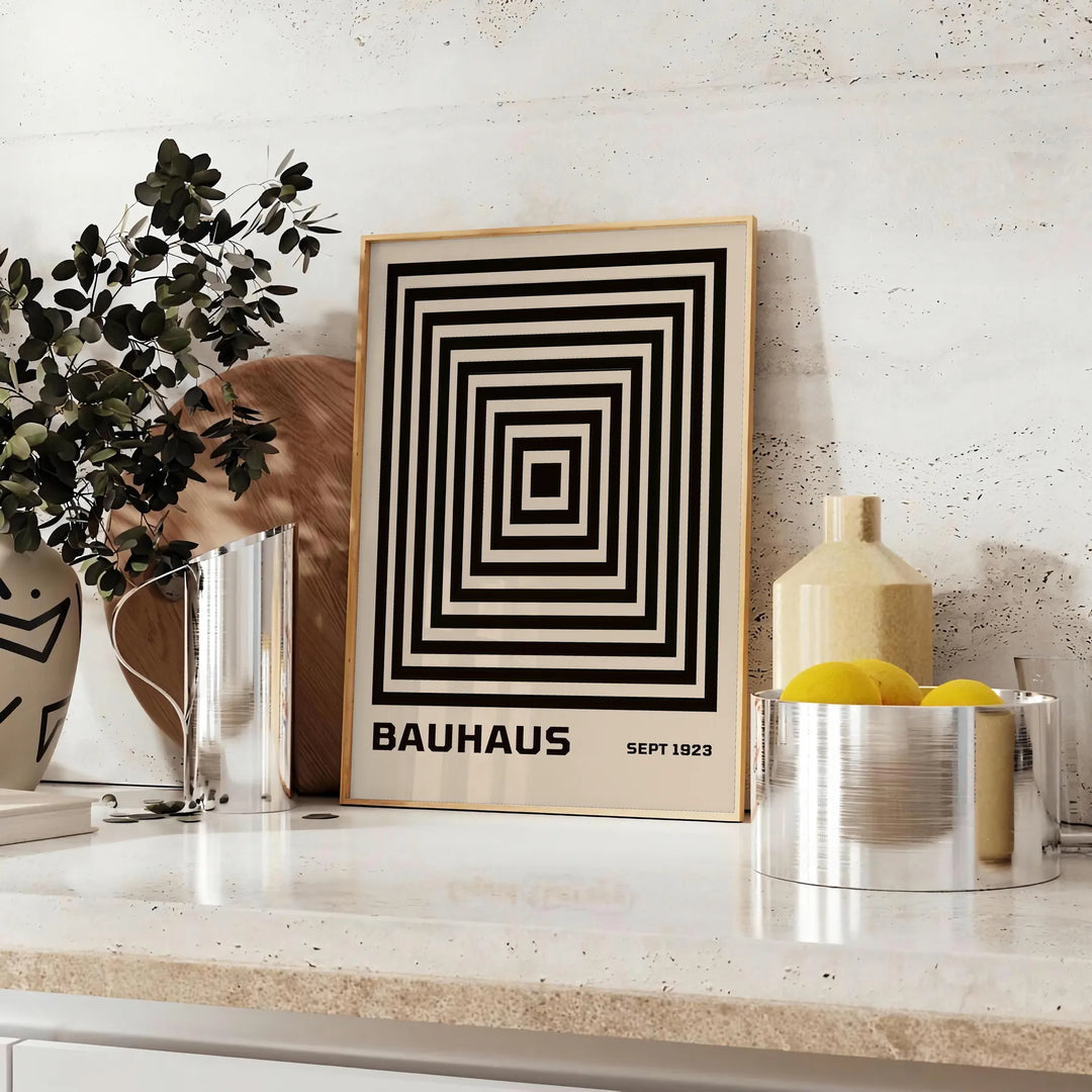 Bauhaus pyramid poster in brown, gray, and green geometric design