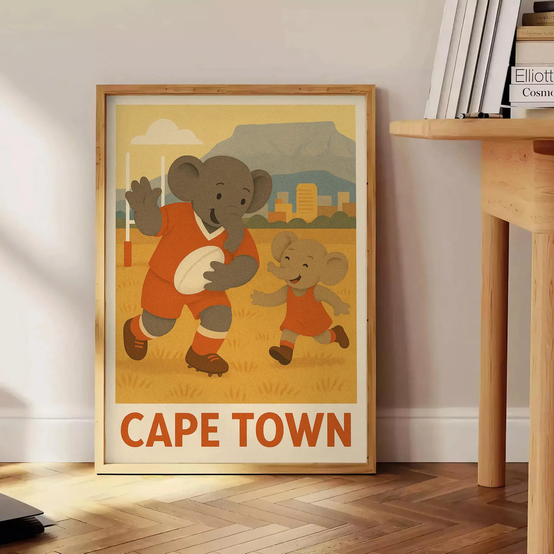 T-shirt featuring a playful elephant playing rugby in Cape Town