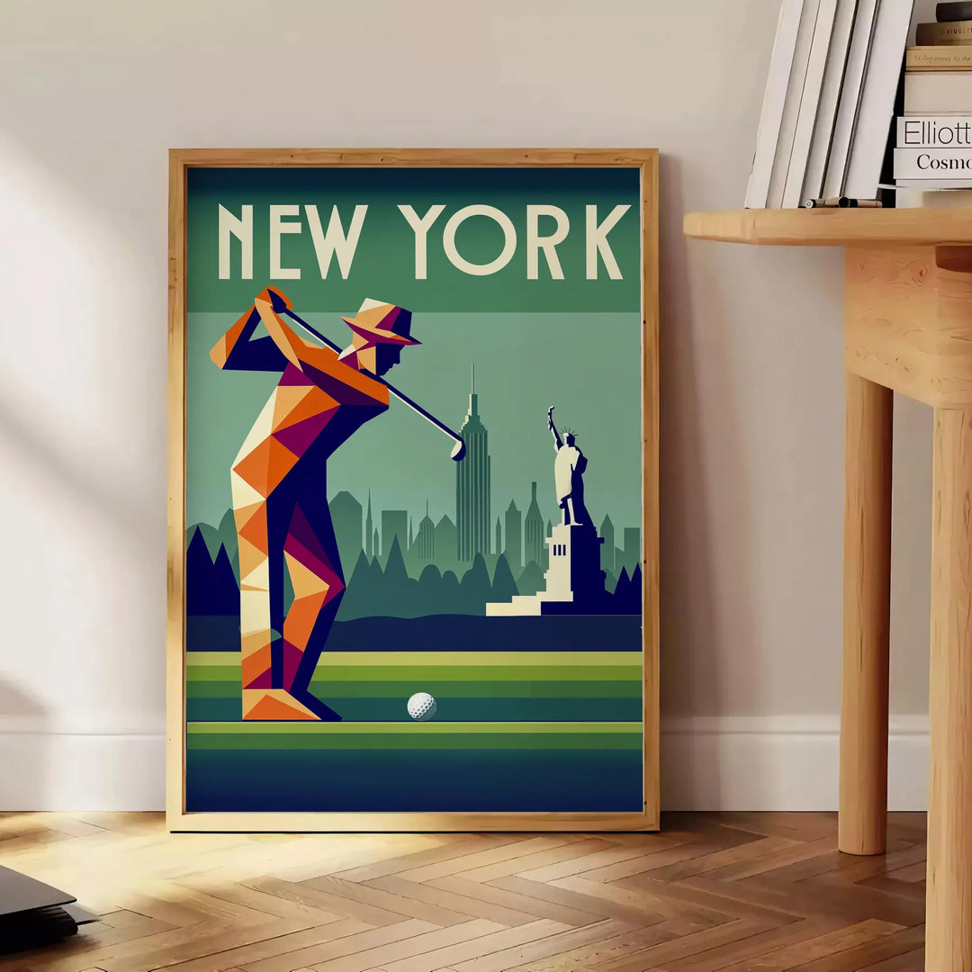 Art Deco style poster featuring a golf scene in New York with gray and brown tones