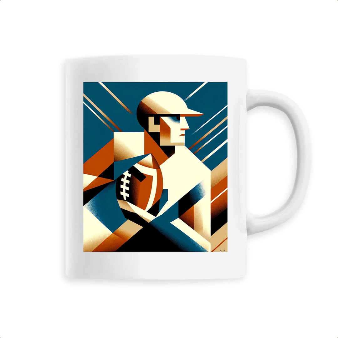 Ceramic mug featuring American football print with ball and helmet illustration